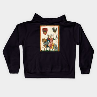 LOVERS ON HORSEBACK WITH FALCON , MEDIEVAL MINIATURE WITH WILD ROSES Kids Hoodie